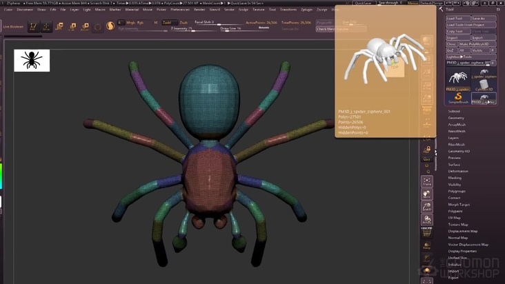 Split the spider mesh into subtools