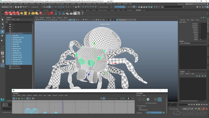 Create the spider's UV texture coordinates in Maya