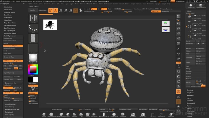 Export spider texture and displacement maps from ZBrush