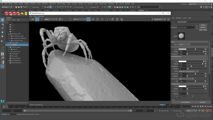Establish basic lighting and view of the spider in Maya